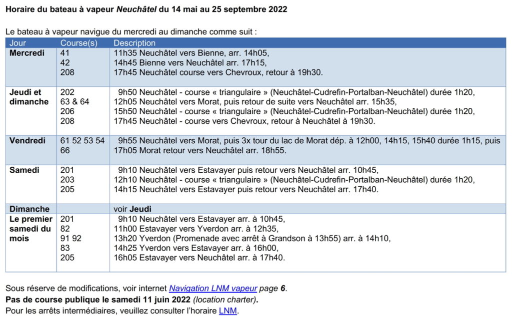 Horaire Ete 2022